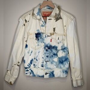 Levi's‎ Type III Trucker Jacket Tie Dye Bleach Blue Cream Fringe Denim Retro- S